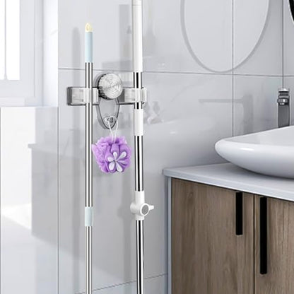 LELE LIFE 2 Pack Broom Holder Mop Hanger - Strong Suction Cup - No Drill Removable Broom Organizer Rack Wall Mount with Hooks for Bathroom Kitchen Garage, Clear Grey - color: Clear Grey