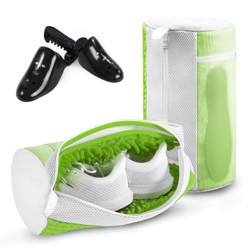 Shoe Bag for Washing Machine and Dryer - 2PCS XXL Reusable Shoe Laundry Bag with Shoe Tree - Chenille Microfiber 360°Deep Cleaning Bag for Sneakers Tennis Delicate Shoes - Green 15.35 × 7.5 Inches - color: Green