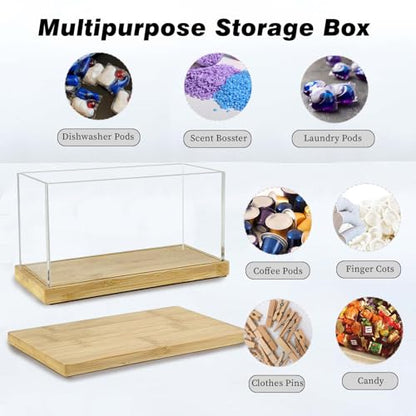 Coffee Pod Holder Laundry Pods Container, Acrylic Dishwasher Pod Container with Bamboo Lid and Extra Labels, Candy Dispenser for Coffee Bar Kitchen Countertop