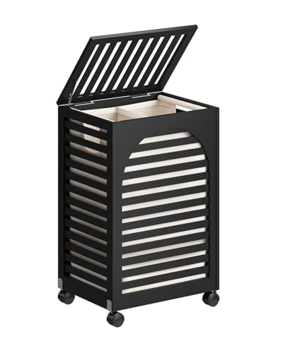 Black Laundry Hamper with Wheels, Laundry Basket with Lid, 22.5 Gallon (85L) Bamboo Wood Clothes Laundry Hamper 2 Section with Handles, Removable Liner - color: Black, size: Medium