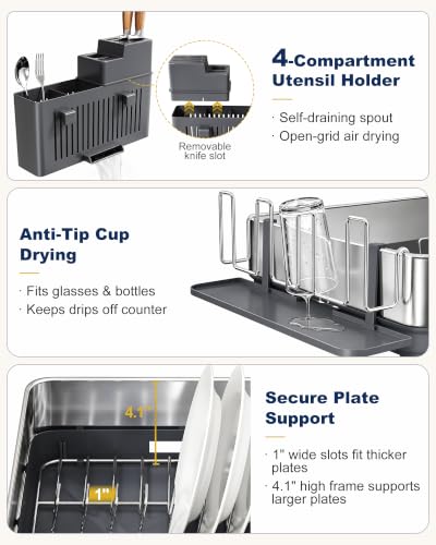 SNTD 304 Stainless Steel Dish Drying Rack for Small Kitchen Counter, Grey - color: Gray