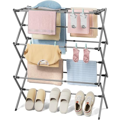 KINGBOARD 3-Tier Extendable Clothes Drying Rack, Small & Foldable, Grey - color: Gray