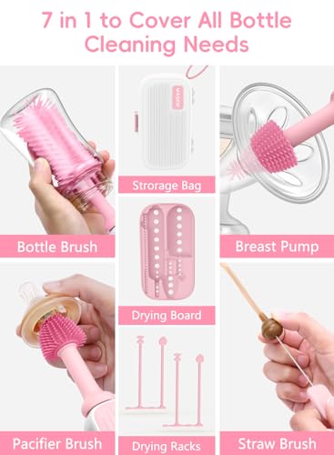 Electric Baby Bottle Brush Cleaner, Baby Travel Bottle Cleaner Kit- 2000mAh Rechargeable Silicone Brush, Drying Rack, Compact Storage Box, 360° Efficient Cleaning Bottle Brush for Home & On-The-Go - color: Pink