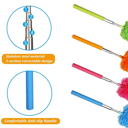 4 Pcs Washable Microfiber Feather Duster, with Extendable Pole and Bendable Head, Microfibre Cleaning Tool for Cleaning Office, Car, Computer, Furniture, Sofa, Blue,green,orange,red