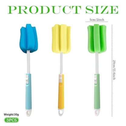 ericotry 3PCS Dishwashing Foam Sponge Brush with Adjustable Long Handle Bottle Scrubber Cleaning Sponges Brushes Cleaner Soft for Baby Bottle Kitchen Clean Glasses Mugs Cups (Color Random)