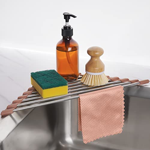 Tomorotec Triangle Roll-Up Dish Drying Rack for Sink Corner Small Foldable Stainless Steel Over The Sink Multipurpose Kitchen Drainer Caddy Trivet Rustproof Storage Shelf (Chocolate Brown) - color: Brown