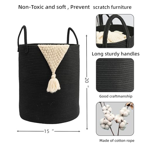 Woven Cotton Rope Laundry Basket, 15" x 20" Laundry Hamper, Black - color: black, size: Regular
