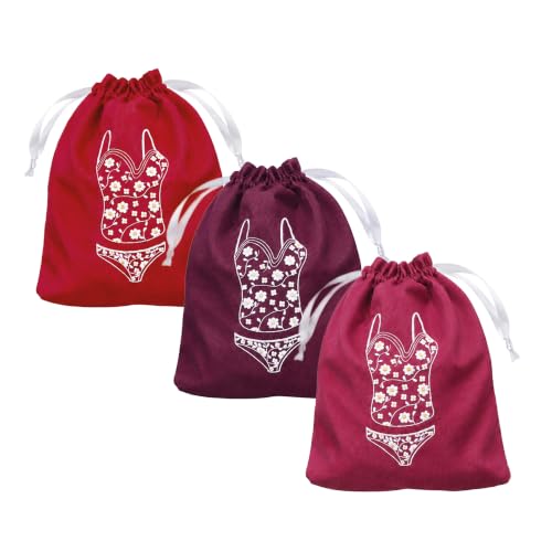 Lingerie Bag for Travel Set of 3, Women Lingerie Bags with Drawstrings, Double-Layered Polyester Beach Bags for Swimwear, Underwear & Storage, 15x15 Inches (Burgundy-Crimson-Wine) - color: Rosy Confidence