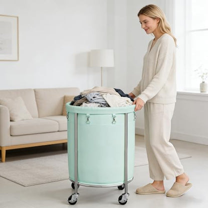 ELYKEN Laundry Basket with Wheels, Round Rolling Laundry Hamper, Mint Green - color: Mint Green, size: 190L