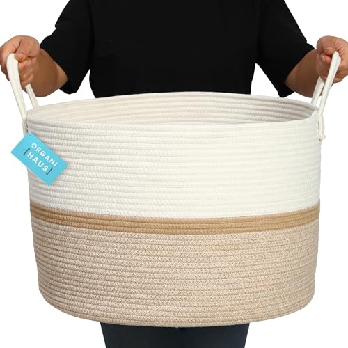 OrganiHaus Round Toy Basket & Blanket Basket, Cotton Rope 20x13" - color: Striped Honey, size: Wide