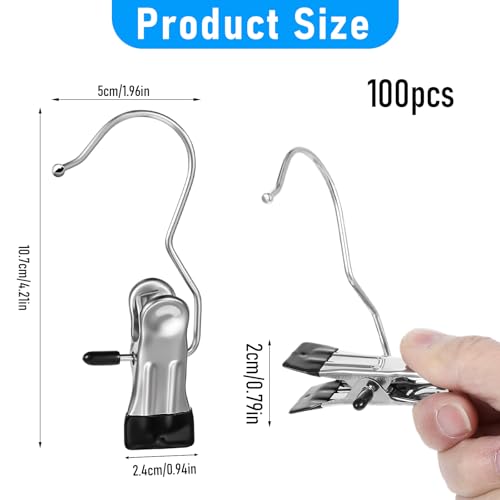 COMNICO Boot Hangers Clips, 100 Pcs Laundry Hooks with Clips Stainless Steel Portable Clothes Pins Closet Hanger Organizer for Wardrobe Travel Pants Jeans Clothes Hats Towels
