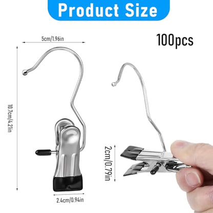 COMNICO Boot Hangers Clips, 100 Pcs Laundry Hooks with Clips Stainless Steel Portable Clothes Pins Closet Hanger Organizer for Wardrobe Travel Pants Jeans Clothes Hats Towels