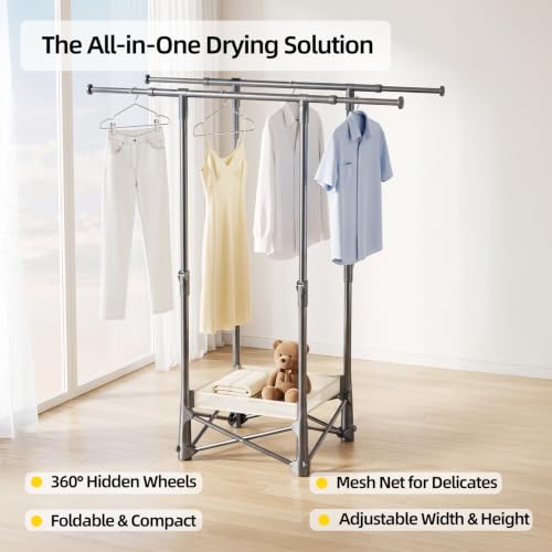 BIREN Foldable Clothes Drying Rack with Drying Net Portable Clothes Rack with Hidden Wheels Collapsible Laundry Drying Rack Heavy Duty Clothing Racks for Indoor Outdoor Use, Black - size: Medium