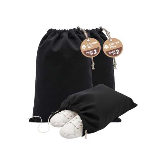 LFH Cotton Rich Shoe Storage Bags with Drawstring, Dustproof Breathable Reusable Organizer, Perfect For Travel, Dorm, Hotel, College, Gym, Machine Washable 12"x17" (Pack of 2) - Black sand - color: Black Sand, size: 12"x17" (Pack of 2)