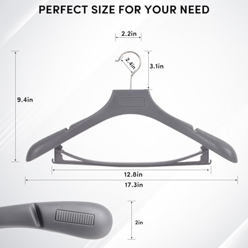 DEDU Suit Hangers for Men 20 Pack, Grey Coat Hangers Extra Wide Non Slip Width 17.7", Thick Plastic with Pants Bar & Metal Hook - color: Gray, size: 20 Pack