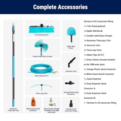 HoldwellS Solar Panel Cleaning Kit, 12FT Water Fed Pole with Extendable Handle, 180° Rotatable Brush Head & 65.6FT Hose, Household & Outdoor Window Cleaner Tool for Caravan Solar Panel Deck