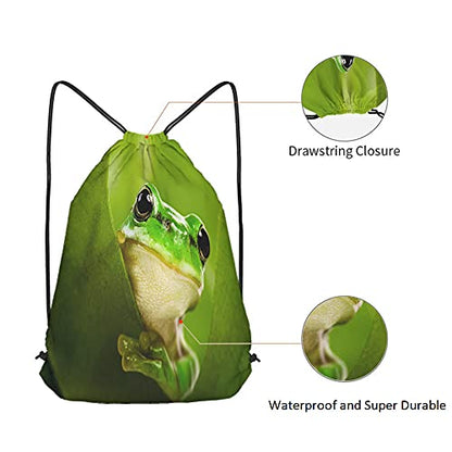 Green Frog Drawstring Bags Backpack Bag Cute Animal Little Funny Wildlife Tree Leaves Nature Black Big Eyes Sport Gym Sack Drawstring Bag String Bag Yoga Bag for Men Women - color: Multi-a04
