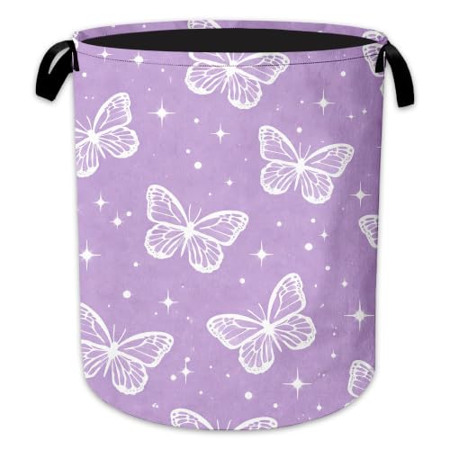 Laundry Hamper, Butterfly Star Collapsible Lavender Laundry Baskets Waterproof Oxford Cloth With Handles, Clothes Storage Bucket For Bathroom/Bedroom 16" x 20.8" - color: Butterfly Star