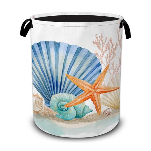 Starfish Laundry Basket,Coral Seashells Large Collapsible Portable Round Laundry Hamper with Handles,Oxford Storage Bin for Clothes,Blankets,Bedroom,Bathroom - color: Starfish Coral Seashells