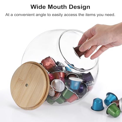 ELLDOO Clear Slanted Plastic Storage Jar with Bamboo Lid, Wide Mouth Laundry Pods Container Dishwasher Pods Holder, Coffee Pod Holder for Nespresso K Cup, Candy Cookie Jars for Coffee Bar Kitchen