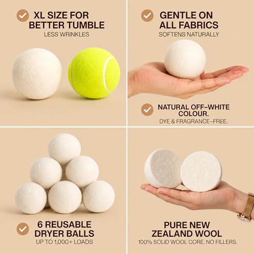 NordVale Wool Dryer Balls, 6 Pack XL Premium 100% New Zealand Wool, Reusable Natural Fabric Softener for 1300+ Loads, Helps Reduce Drying Time, Static Cling and Wrinkles