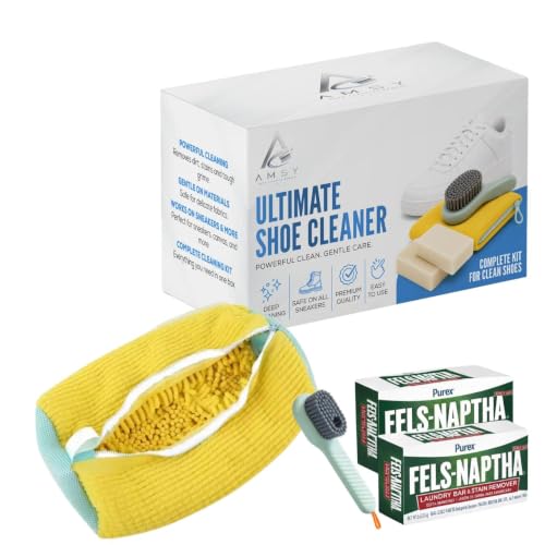 AMSY Ultimate Shoe Cleaning Bundle – Sneaker Cleaner Kit with Shoe Washing Machine Bag, Laundry Brush for Sneakers and Clothing Stains, Bundled with 2 Pack Fels Naptha Soap - color: Yellow Laundry Bag