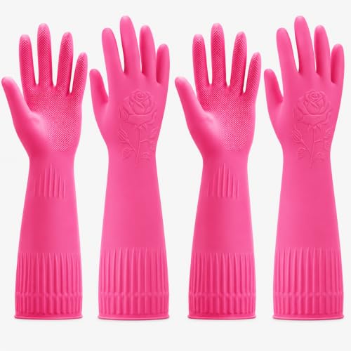 Disfore Rubber-Gloves Dishwashing Gloves for Cleaning-Kitchen - 2 Pairs Long Household Cleaning Gloves for Washing Dishes - color: Pink, size: X-Large