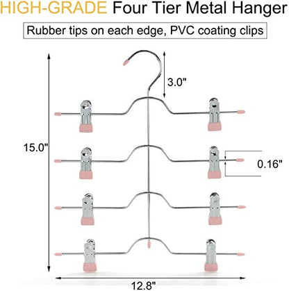 TOPIA HANGER 4 Tier Metal Skirt Hangers with Clips 80% Space Saving 3 Pack - color: Pink, size: 3 Pack
