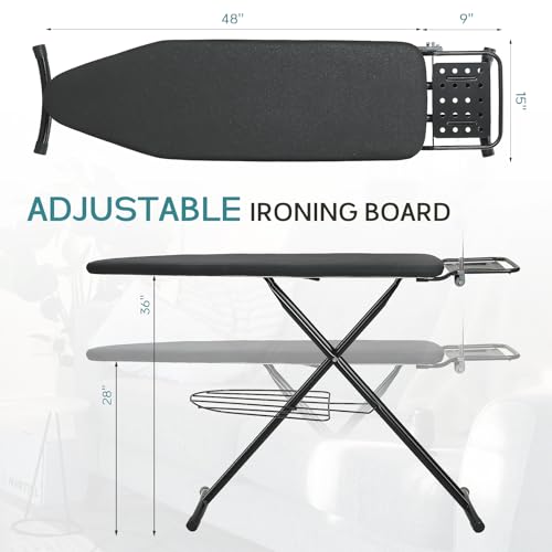 Ironing Board 48x15 in, RAINHOL Black Large Full Size Iron Board - color: Black (Full Featured), size: 48"L x 15"W