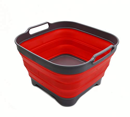 SAMMART 10L (2.64 Gallon) Collapsible Dishpan with Draining Plug - Foldable Washing Basin - Portable Dish Washing Tub - Space Saving Kitchen Storage Tray (1, Grey/Red) - color: Grey/Red