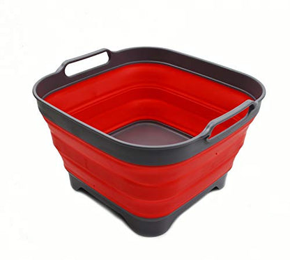 SAMMART 10L (2.64 Gallon) Collapsible Dishpan with Draining Plug - Foldable Washing Basin - Portable Dish Washing Tub - Space Saving Kitchen Storage Tray (1, Grey/Red) - color: Grey/Red