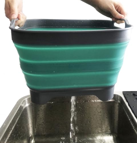 SAMMART 10L (2.64 Gallon) Collapsible Dishpan with Draining Plug - Foldable Washing Basin - Portable Dish Washing Tub - Space Saving Kitchen Storage Tray (1, Grey/Turquoise Blue) - color: Grey/Turquoise Blue