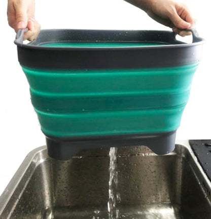 SAMMART 10L (2.64 Gallon) Collapsible Dishpan with Draining Plug - Foldable Washing Basin - Portable Dish Washing Tub - Space Saving Kitchen Storage Tray (1, Grey/Turquoise Blue) - color: Grey/Turquoise Blue