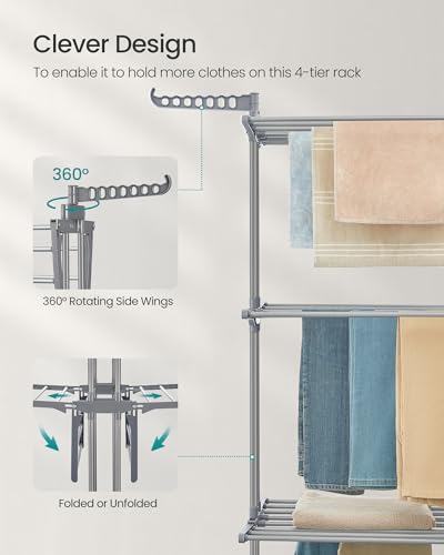 SONGMICS 4-Tier Clothes Drying Rack, Foldable, Rolling, 67.9-Inch Tall - color: Dove Gray, style: 4-Tier + Foldable