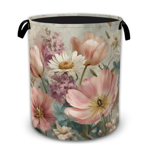 Pink Daisy Floral Large Laundry Hamper, Collapsible Oxford Clothes Basket with Handles, Freestanding Dirty Clothes Organizer for Bedroom Bathroom Dorm Laundry Room, 16 x 20.8 Inch - color: Pink Daisy Floral