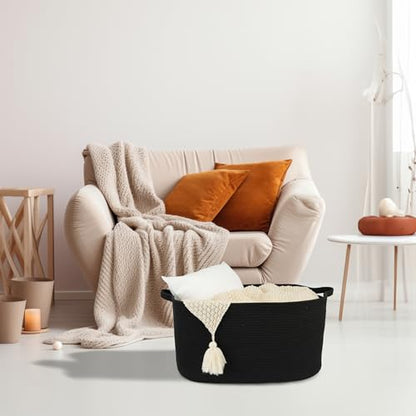 XUANGUO Large Rectangle Woven Cotton Rope Blanket Basket 22"x17"x12" Black - color: black