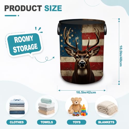Patriotic Deer Collapsible Laundry Hamper,Rustic American Flag Waterproof Oxford Cloth Clothes Basket with Handles for Bathroom Bedroom Nursery Dorm Room,16" x 20" - color: Patriotic Deer,Rustic American Flag