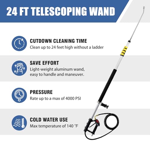 JANZ 24 FT Pressure Washer Telescoping Wand with 2 Extension Wands