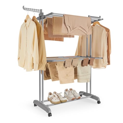 SONGMICS 3-Tier Clothes Drying Rack, Foldable, Rolling, 58.3-Inch Tall - color: Dove Gray, style: 3-Tier