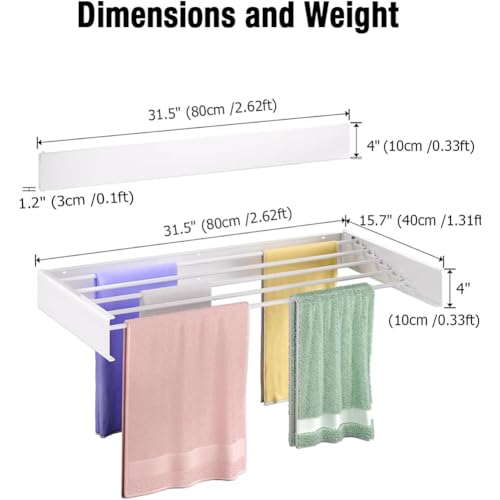 Wall Mounted Clothes Drying Rack 31.5 Inches,Clothes Drying Rack Wall Mounted,Collapsible Hanging Racks for Laundry,Foldbale Laundry Drying Rack Wall Mount with Wall Template, 5 Rods, White - size: 31.5"