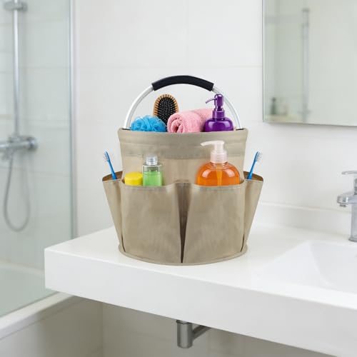 Foldable Cleaning Caddy with Handle and 6 Pockets, Khaki