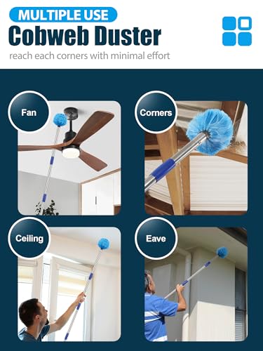 Cobweb Duster with Extension Pole, Outdoor Spider Web Brush with 6 ft Long Handle, Metal Cob Web Remover for High Ceilings Fans Indoor Cleaning, Medium-Stiff Bristles Dust Brush, Lightweight Cleaner - size: 6 FT