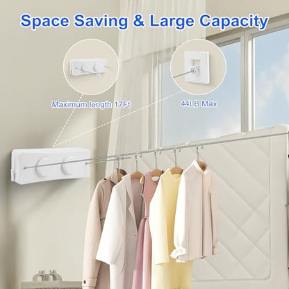 17Ft Retractable Clothesline Indoor/Outdoor, Comes with 40 clothespins, Anti-Sag for Drying Clothes line retracting Indoor/Outdoor, Dual-Line with Each Line 17Ft Long Laundry line Retractable - style: White