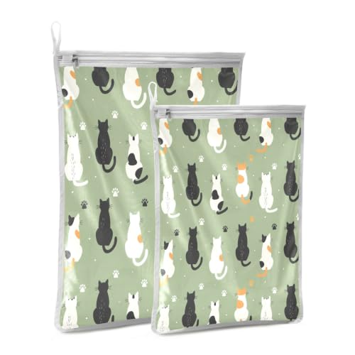 Mesh Laundry Bags Lingerie Bags for Washing Delicates 2 PCS Wash Bag with Zipper Small and Medium Washable Cats Green - color: Cats Green