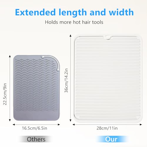 Heat Resistant Mat Large Silicone Hot Hair Tools Mat for Curling Irons Flat Iron Hair Straightener Vanity Mat Portable Hair Styling Tools Hot Pad 14.2"*11" - color: Off White