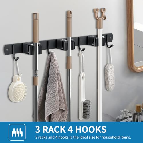 2 Pack Broom Hanger and Mop Holder, Heavy Duty Garden Tool Organizer Rack Rake and Shovel Handle, Stainless Steel Wall Mounted Utility Rack with Screws (5 Racks with 4 Hooks, Matte Black). - color: 2 Pack, size: 5R4H