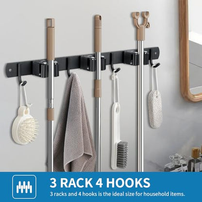2 Pack Broom Hanger and Mop Holder, Heavy Duty Garden Tool Organizer Rack Rake and Shovel Handle, Stainless Steel Wall Mounted Utility Rack with Screws (5 Racks with 4 Hooks, Matte Black). - color: 2 Pack, size: 5R4H