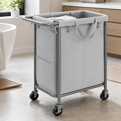 SONGMICS HOME Rolling Laundry Basket with 2 Compartments, 37-Gallon Laundry Hamper with Wheels, Removable Liner, Gray - color: Gray, style: 140 L (2-Section)