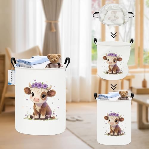 Round Cute calf Laundry Hamper Waterproof Fabric Home Storage - color: Round Cute calf