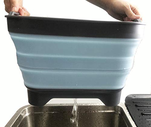 SAMMART 10L (2.64 Gallon) Collapsible Dishpan with Draining Plug - Foldable Washing Basin - Portable Dish Washing Tub - Space Saving Kitchen Storage Tray (1, Grey/Sea Angel) - color: Grey/Sea Angel